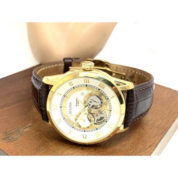 Bulova Men's Watch 97A121 Automatic Gold Tone Case Brown Leather Band 41mm - Picture 9 of 14